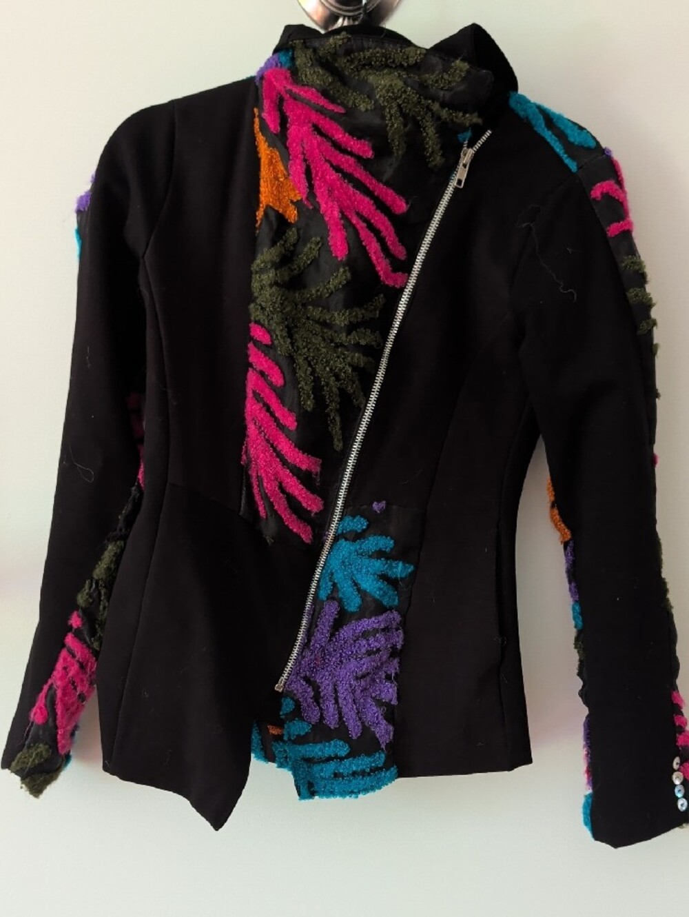 Black Women's Asymmetrical Zip Jacket with Multicolor Tufted Accents